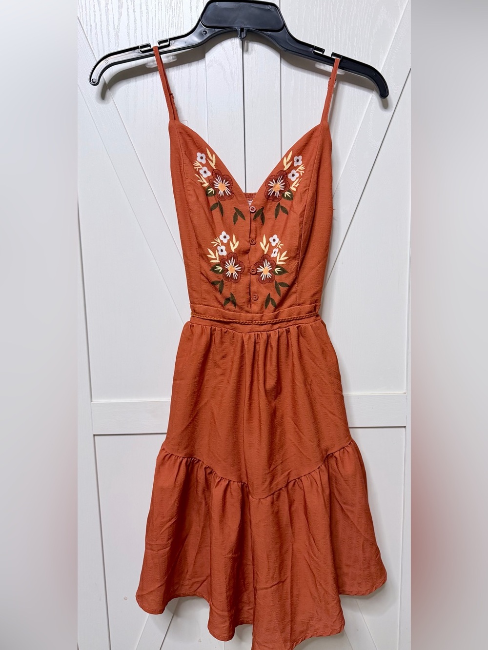 Vibrant Rust Orange Floral Embroidered Tiered Dress - Size Small